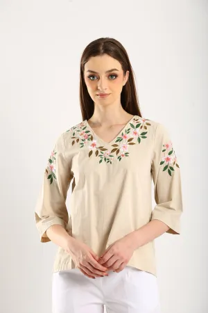 100% Cotton Embroidered Blouse in Light Apricot