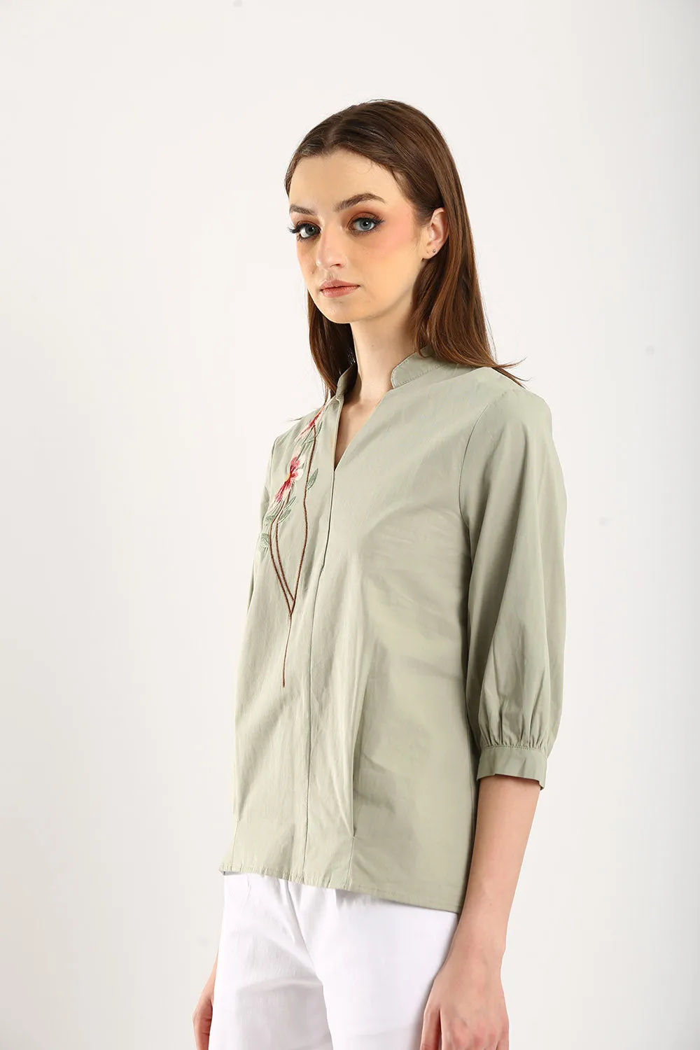 100% Cotton Embroidered Blouse in Sage