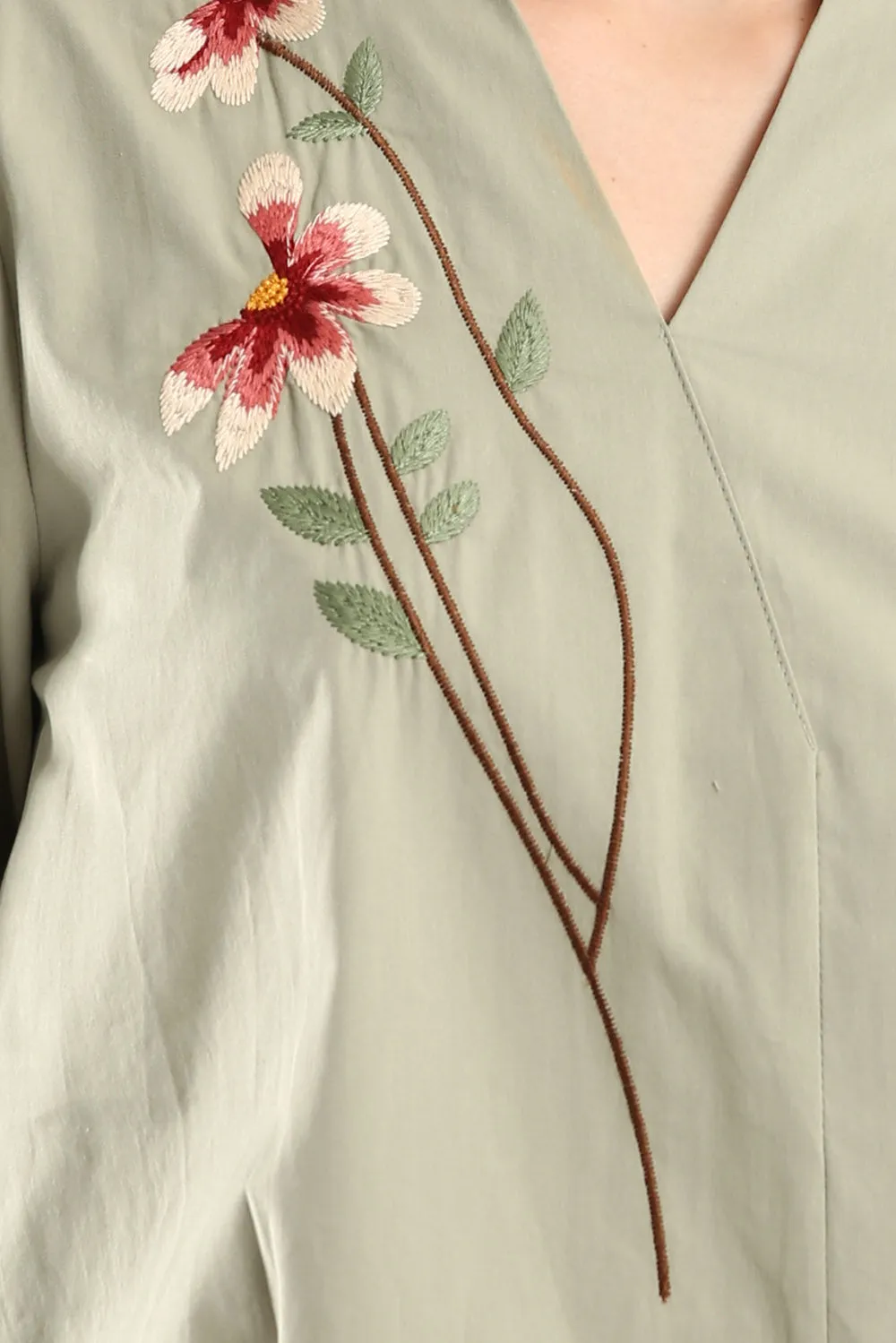 100% Cotton Embroidered Blouse in Sage