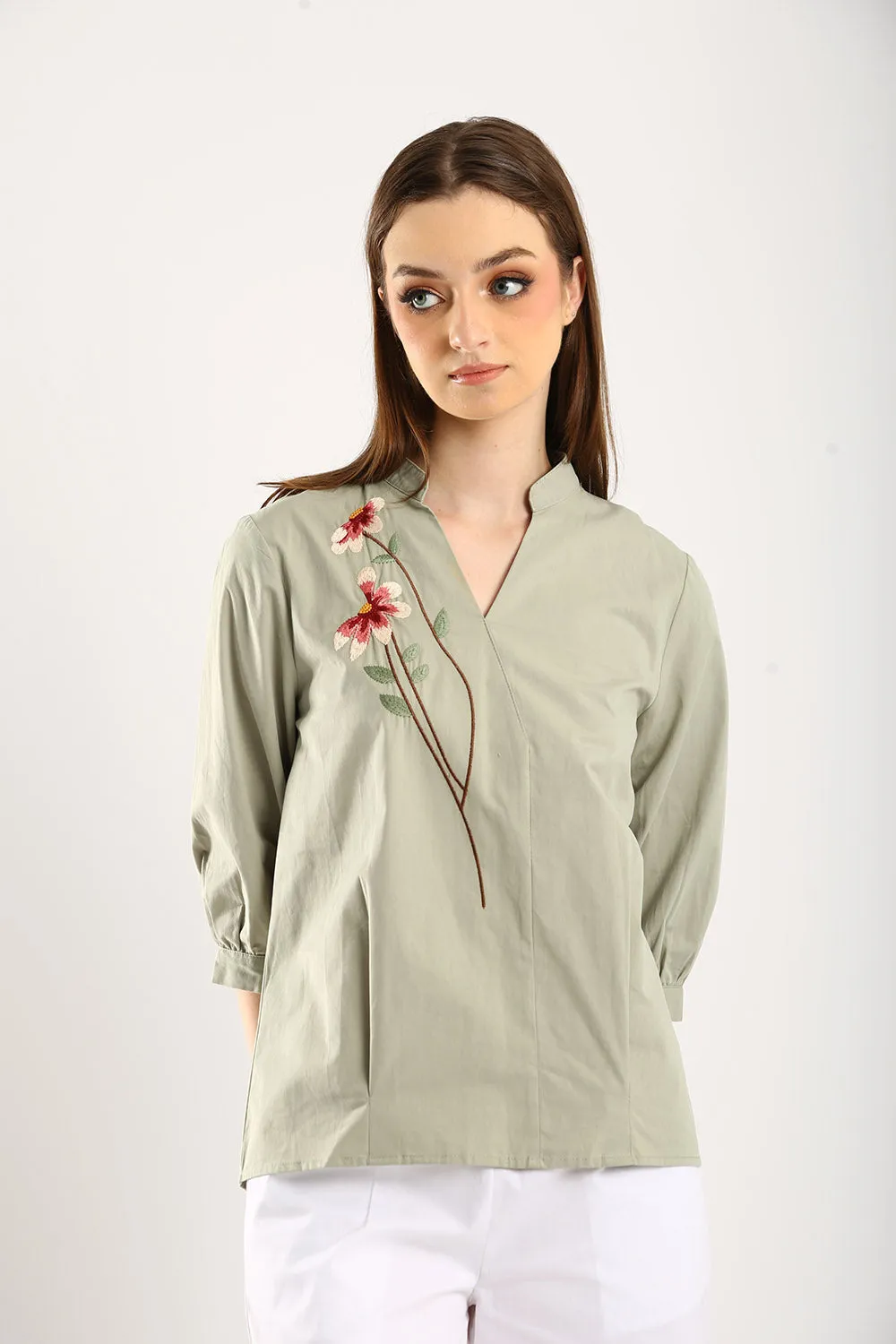 100% Cotton Embroidered Blouse in Sage