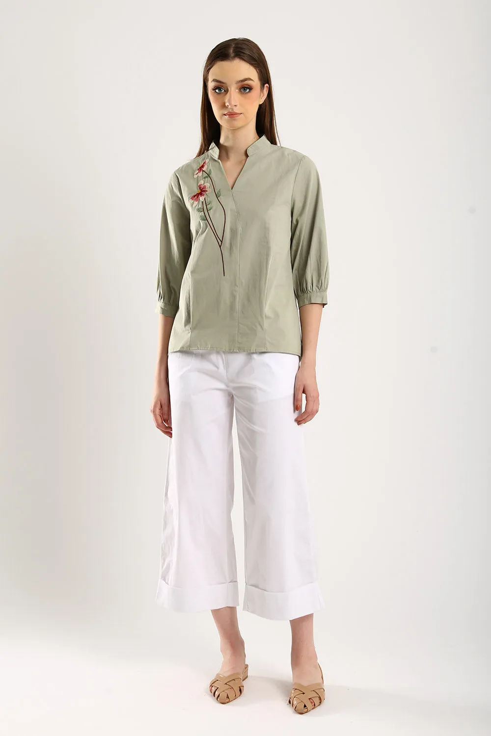 100% Cotton Embroidered Blouse in Sage
