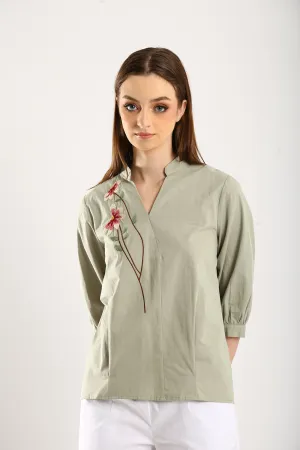 100% Cotton Embroidered Blouse in Sage