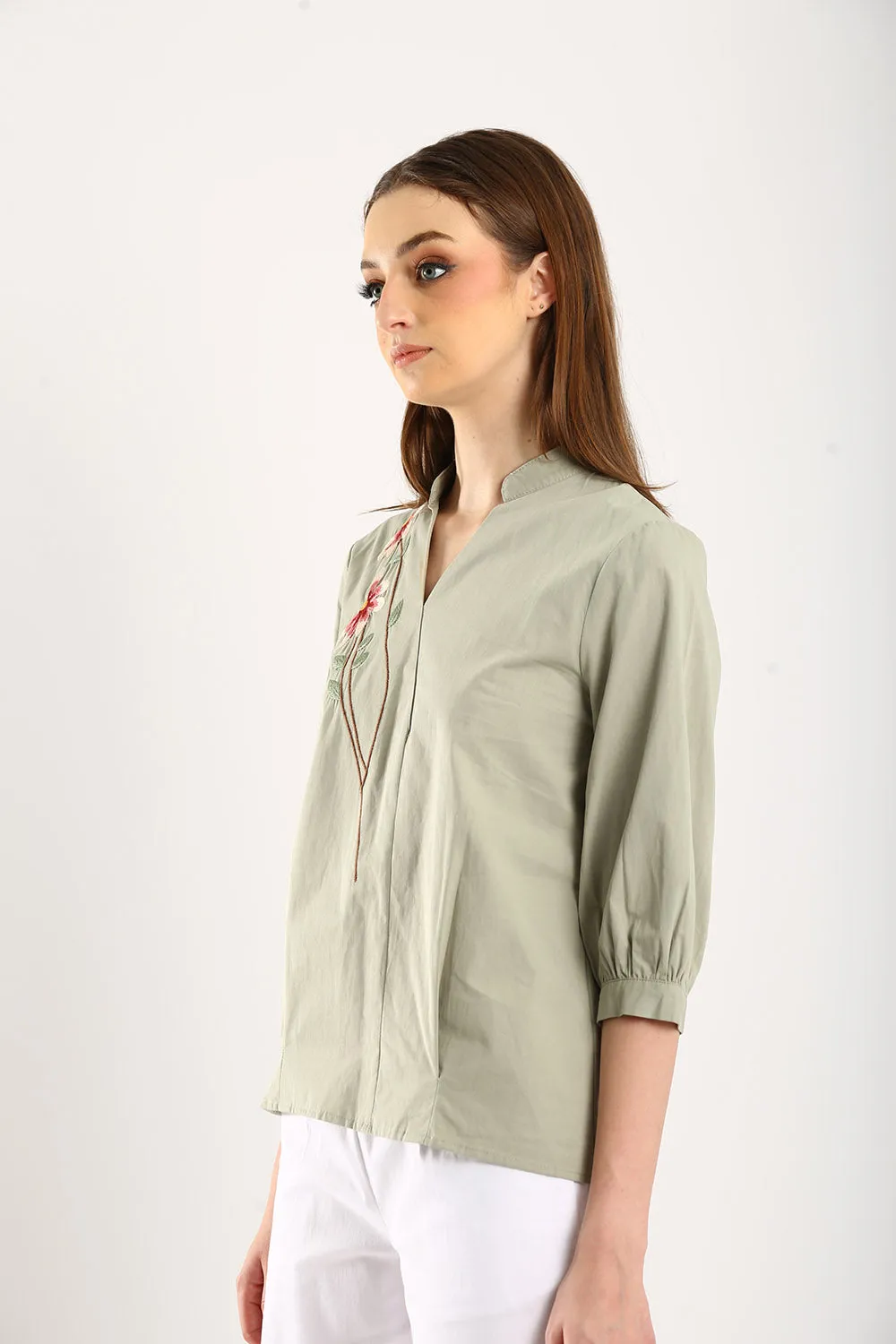 100% Cotton Embroidered Blouse in Sage
