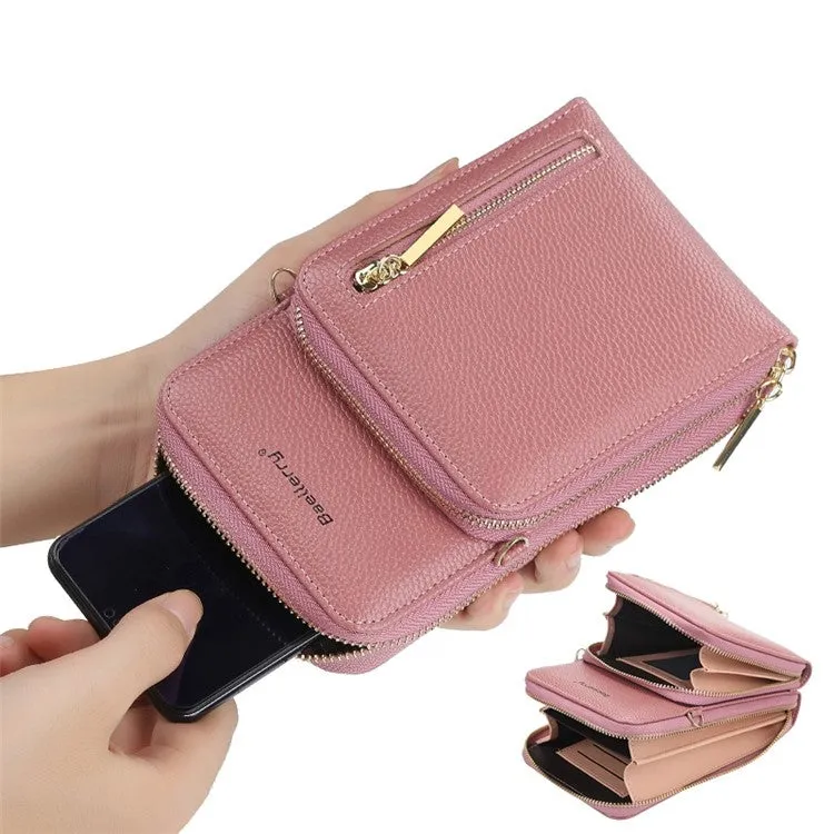 (17x11x4cm) Universal Cell Phone Leather Shoulder Bag Wallet Fashion Crossbody Bag - Light Blue