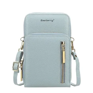 (17x11x4cm) Universal Cell Phone Leather Shoulder Bag Wallet Fashion Crossbody Bag - Light Blue