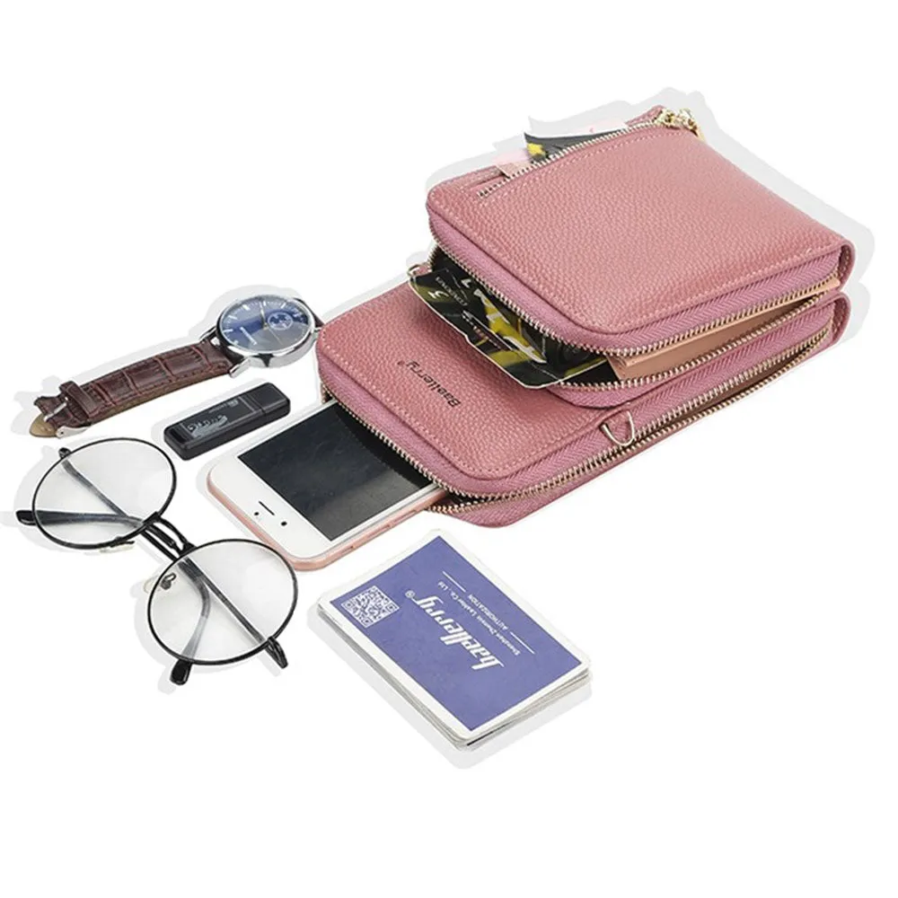 (17x11x4cm) Universal Cell Phone Leather Shoulder Bag Wallet Fashion Crossbody Bag - Light Blue