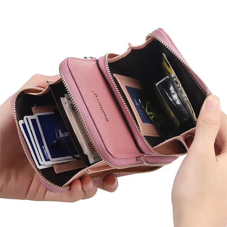 (17x11x4cm) Universal Cell Phone Leather Shoulder Bag Wallet Fashion Crossbody Bag - Light Blue