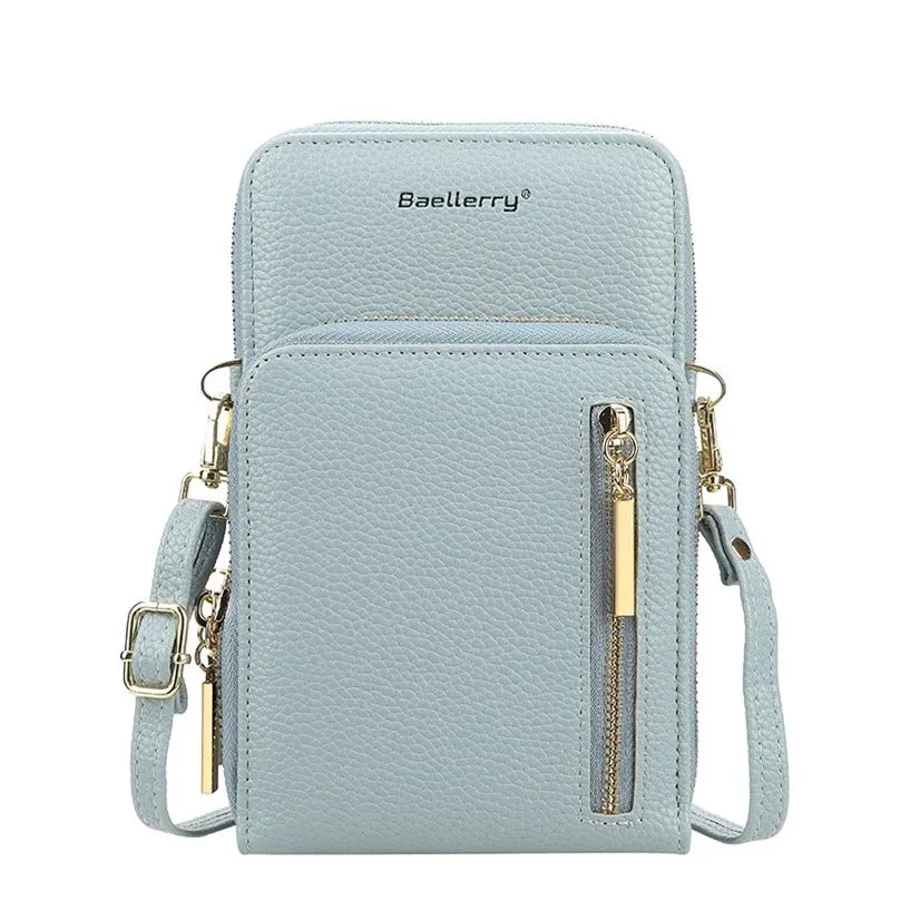 (17x11x4cm) Universal Cell Phone Leather Shoulder Bag Wallet Fashion Crossbody Bag - Light Blue