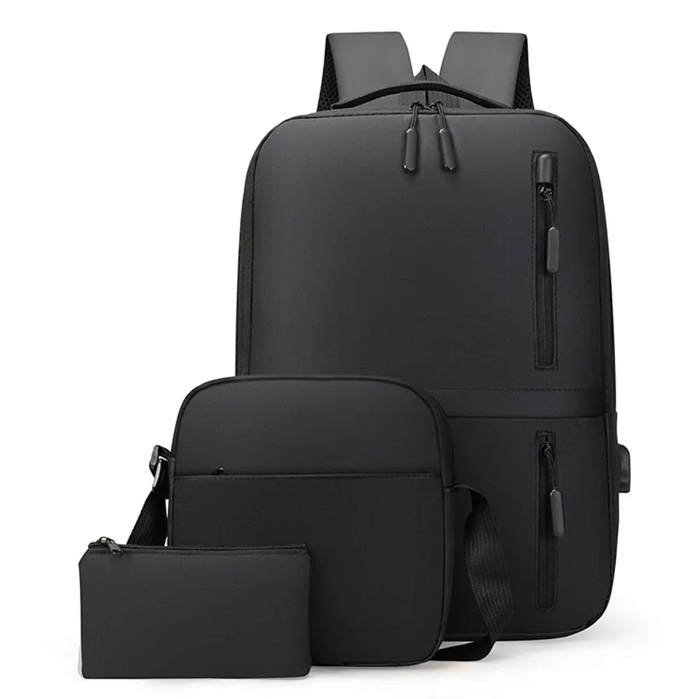 3-Piece Set Large Capacity Laptop Backpack Fits up to 15.6 Inch Laptop with USB Charging Port Black