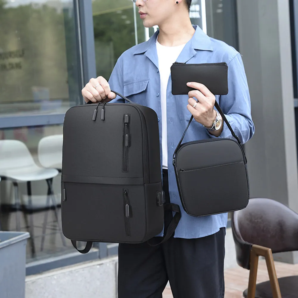 3-Piece Set Large Capacity Laptop Backpack Fits up to 15.6 Inch Laptop with USB Charging Port Black