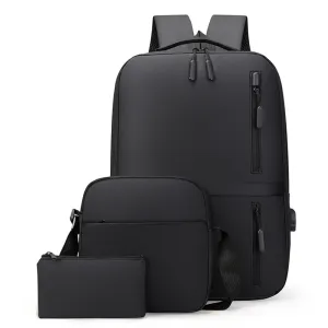 3-Piece Set Large Capacity Laptop Backpack Fits up to 15.6 Inch Laptop with USB Charging Port Black