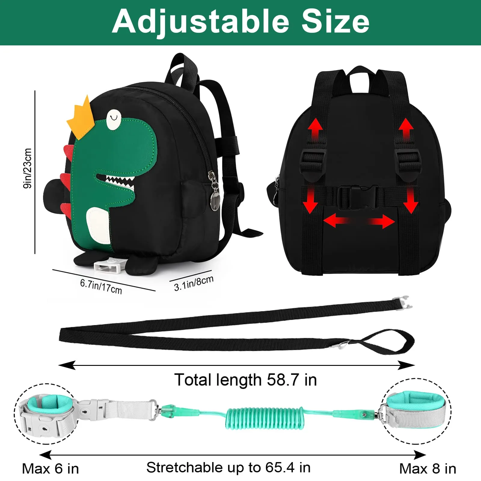 Accmor Toddler Harness Backpack Leash, 4 in 1 Kid Dinosaur Backpacks with Anti Lost Wrist Link, Mini Child Harnesses Leashes for Walking, Cute Baby Back Pack Rope Tether Rein for Boys Girls (Black) Black