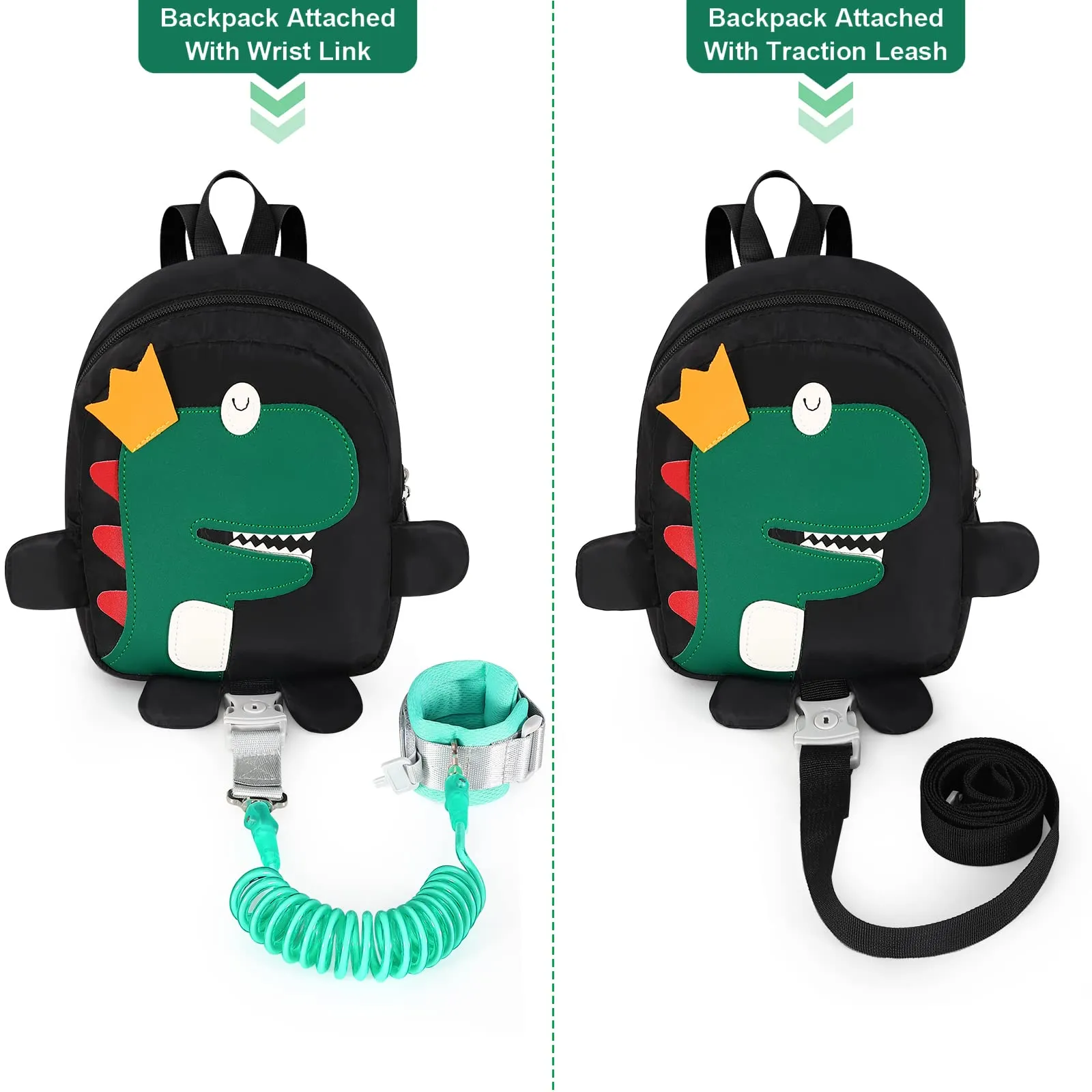 Accmor Toddler Harness Backpack Leash, 4 in 1 Kid Dinosaur Backpacks with Anti Lost Wrist Link, Mini Child Harnesses Leashes for Walking, Cute Baby Back Pack Rope Tether Rein for Boys Girls (Black) Black
