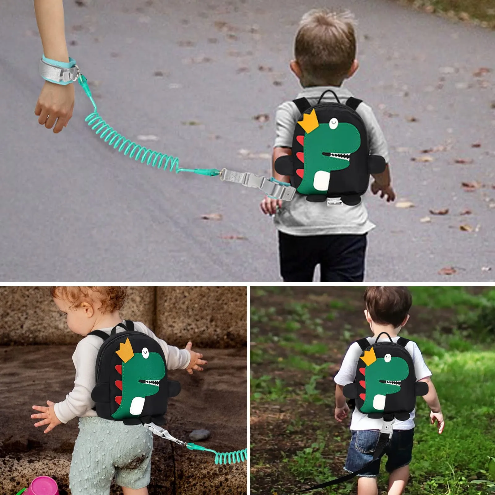 Accmor Toddler Harness Backpack Leash, 4 in 1 Kid Dinosaur Backpacks with Anti Lost Wrist Link, Mini Child Harnesses Leashes for Walking, Cute Baby Back Pack Rope Tether Rein for Boys Girls (Black) Black
