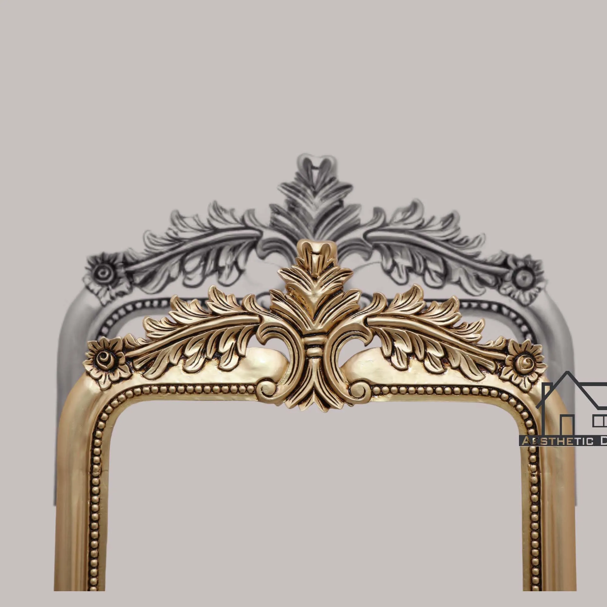 AESTHETIC DECORSize 6 * 2.5 ft Wooden Carved Wall Mirror Frame Solid Wood, gold antique Finish | with Out Mirror |