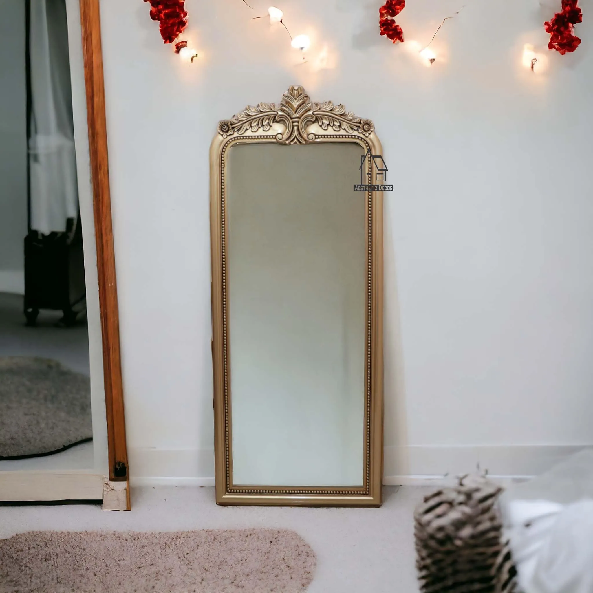 AESTHETIC DECORSize 6 * 2.5 ft Wooden Carved Wall Mirror Frame Solid Wood, gold antique Finish | with Out Mirror |
