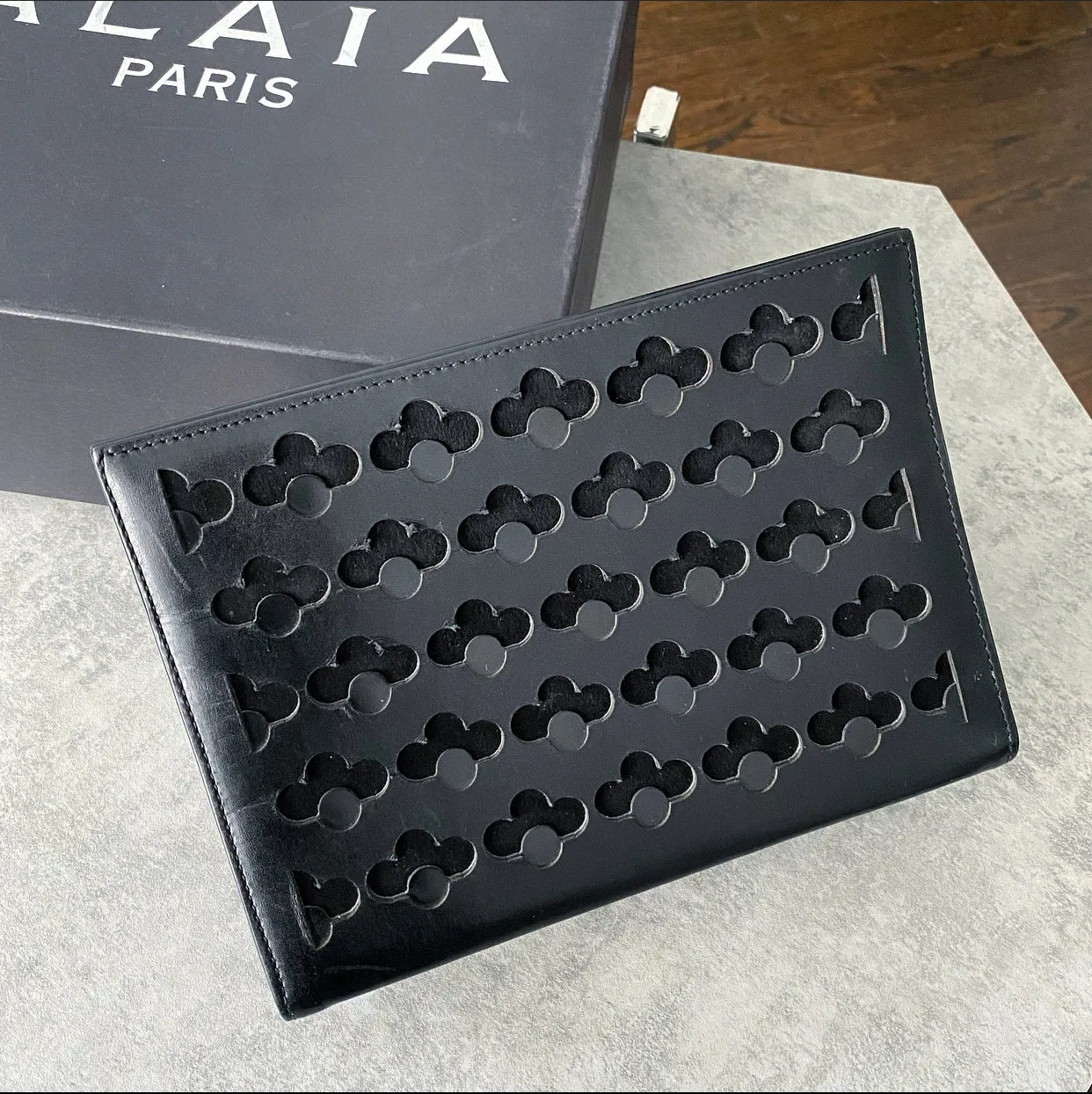 Alaia Black Leather and Suede Perforated Small Clutch Bag