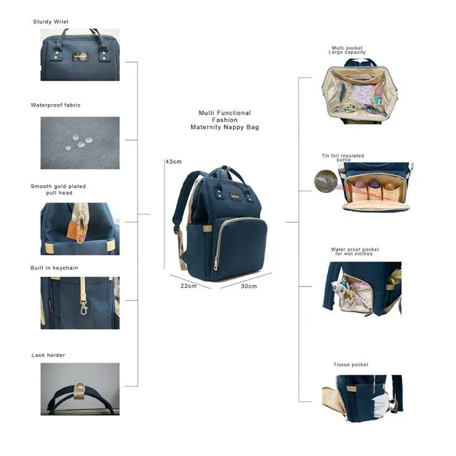 Babybee Fashion Maternity Nappy Bag - Ellie Navy Blue