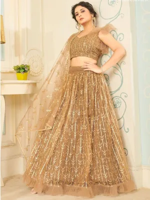 Beige Net Embroidered Lehenga Choli