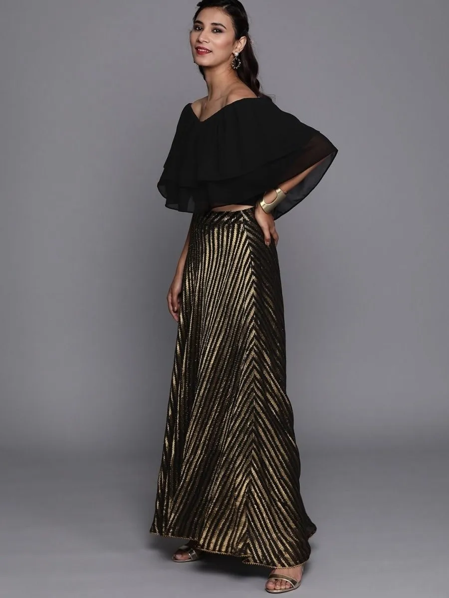 Black Georgette Striped Lehenga Choli
