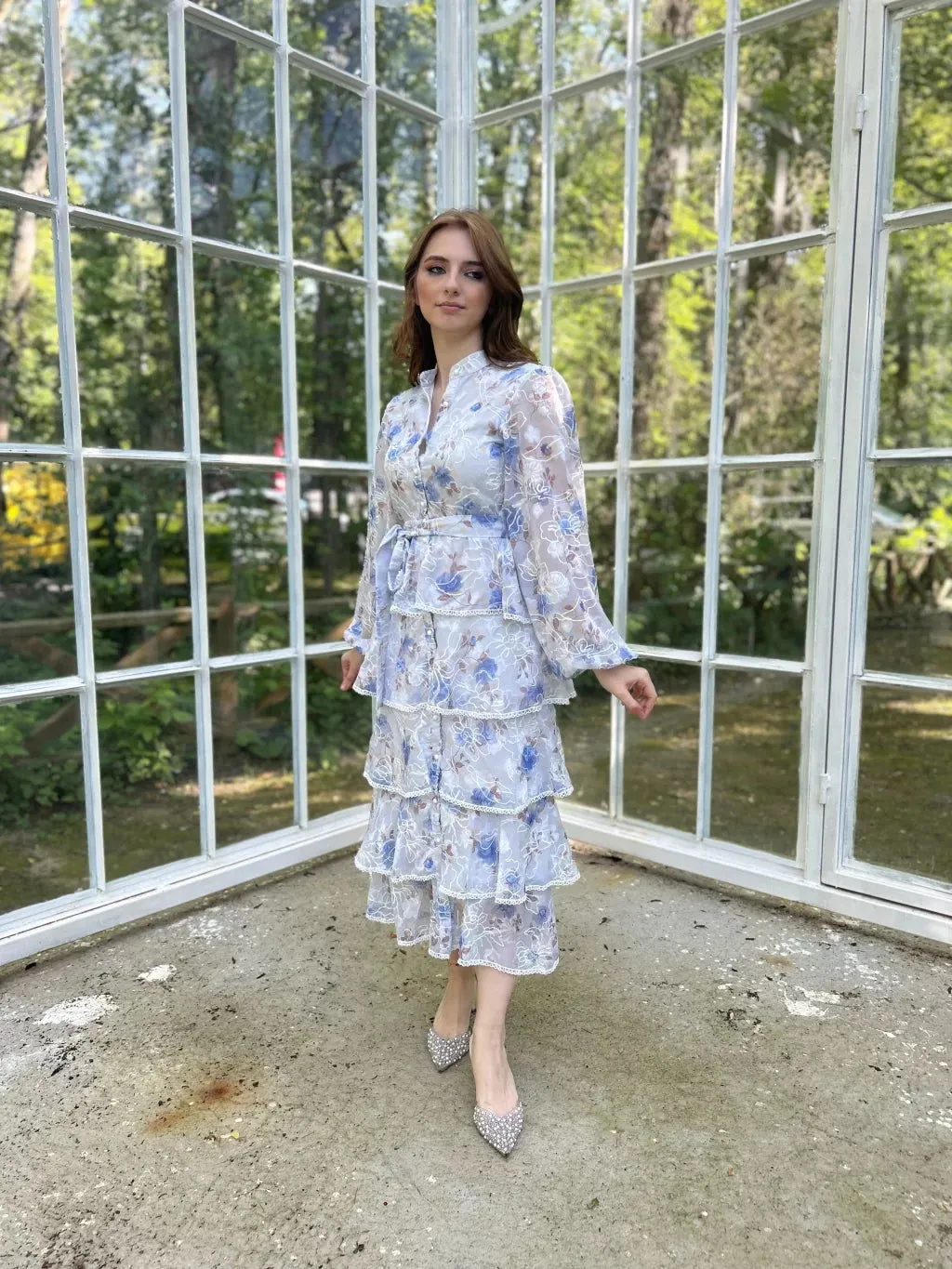 Blue Patterned Volan Dress
