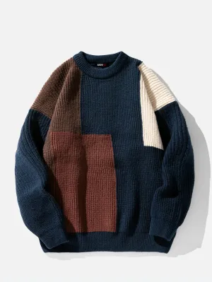 Casual Contrasting Color Knitted Texture Crew Neck Sweater