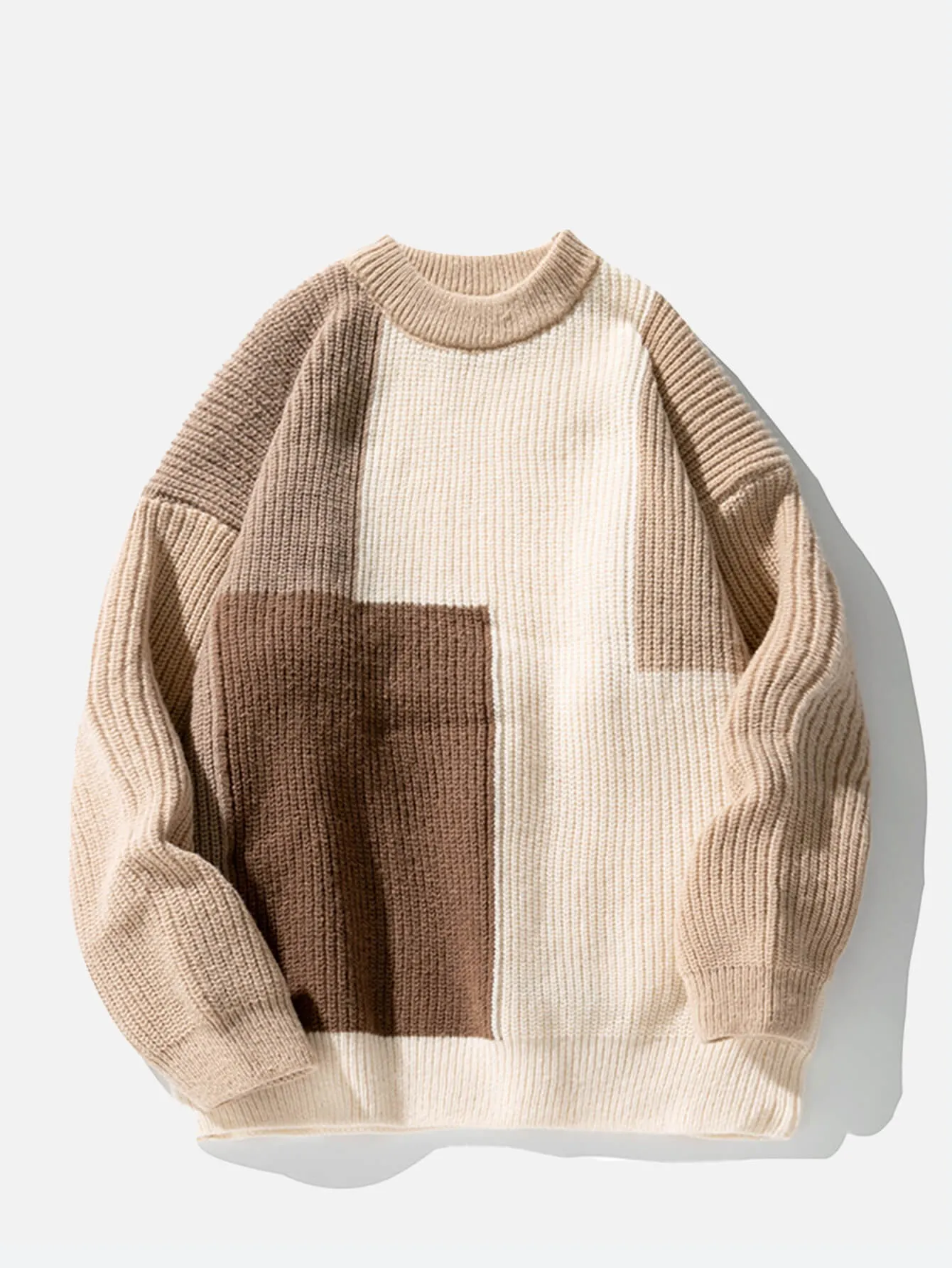 Casual Contrasting Color Knitted Texture Crew Neck Sweater