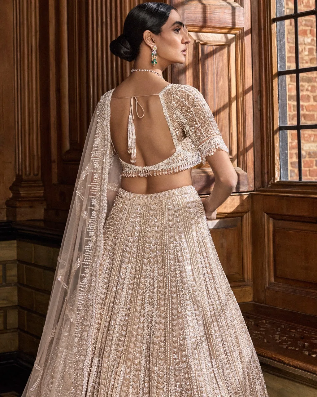 Champagne Pearl Bugle Bead Lehenga Set