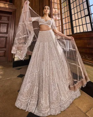 Champagne Pearl Bugle Bead Lehenga Set