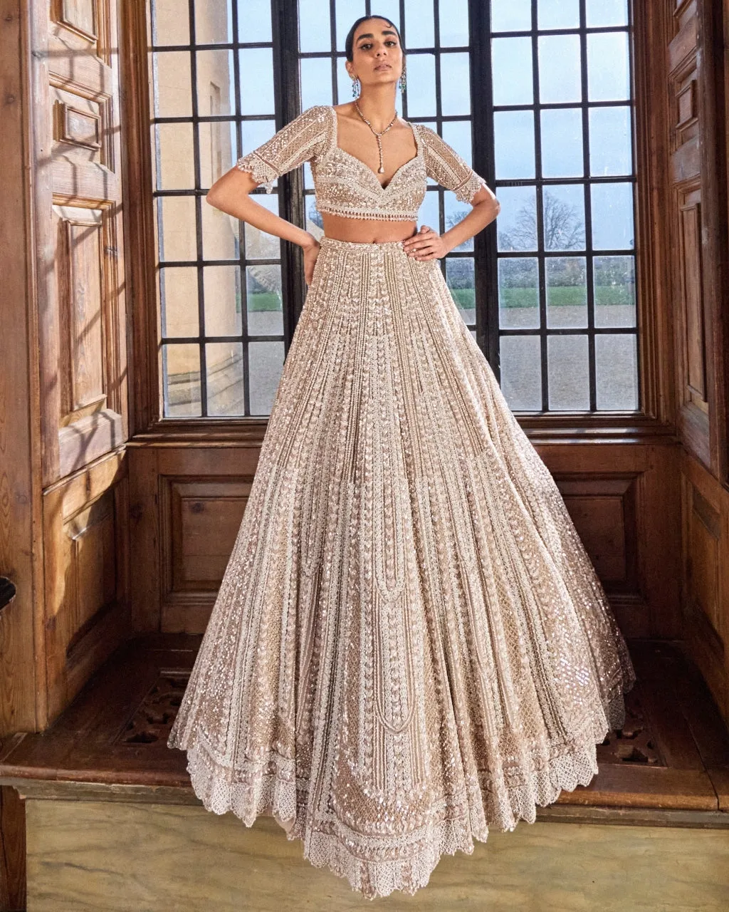 Champagne Pearl Bugle Bead Lehenga Set