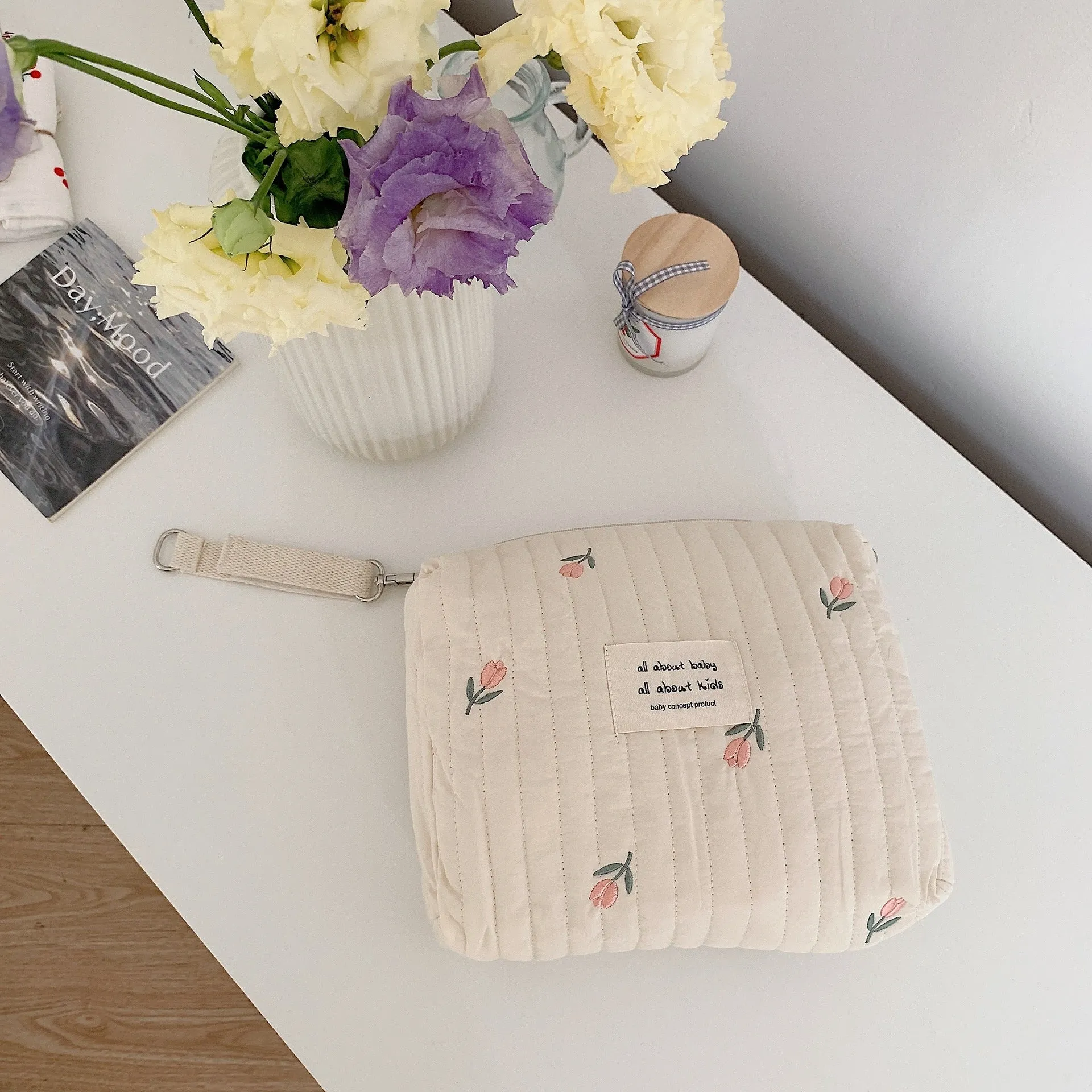 Cute Kawaii Bear Rabbit Floral Nappy Bag, Large Makeup Bag,Stylish Diaper bag, EPram Bag