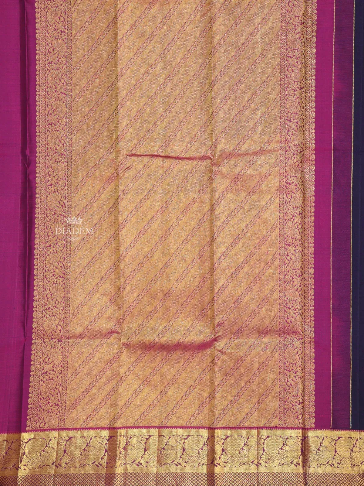 Dark Blue Pure Kanchipuram Bridal Silk Saree with Leaf Motif on the Body with Zari Border