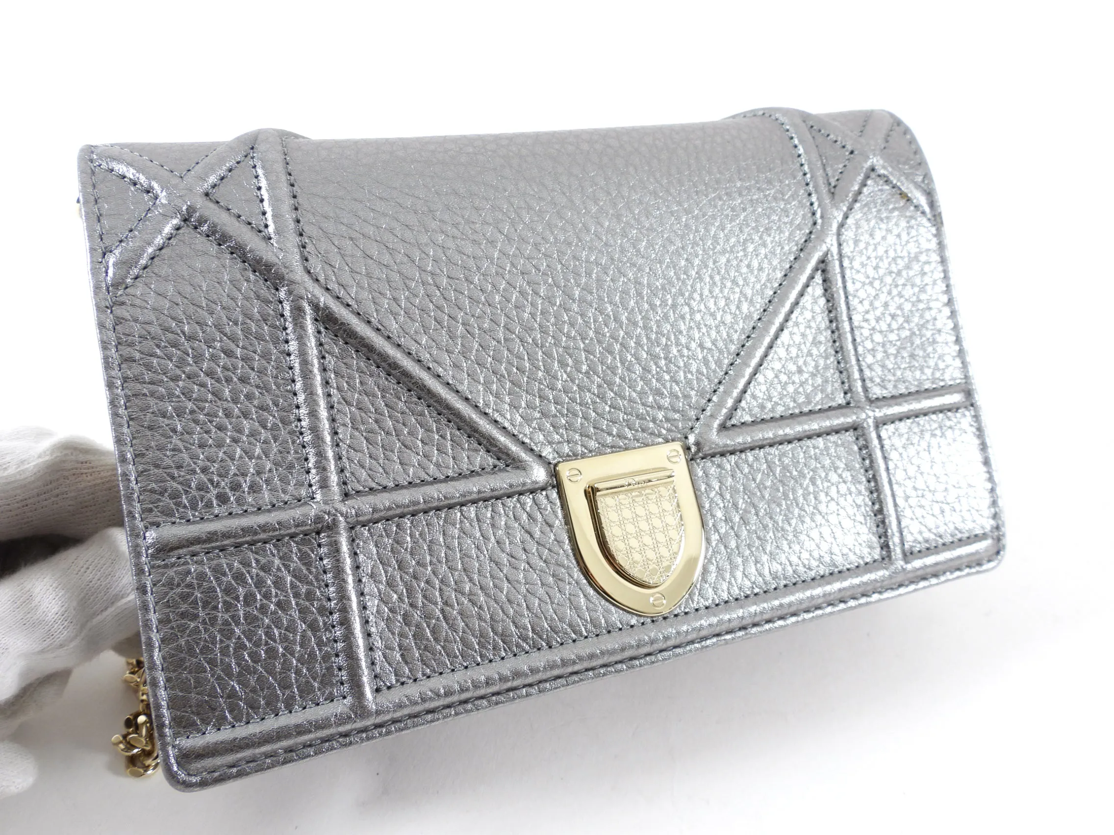 Diorama Metallic Grey Silver Calf Crossbody Wallet on Chain Bag