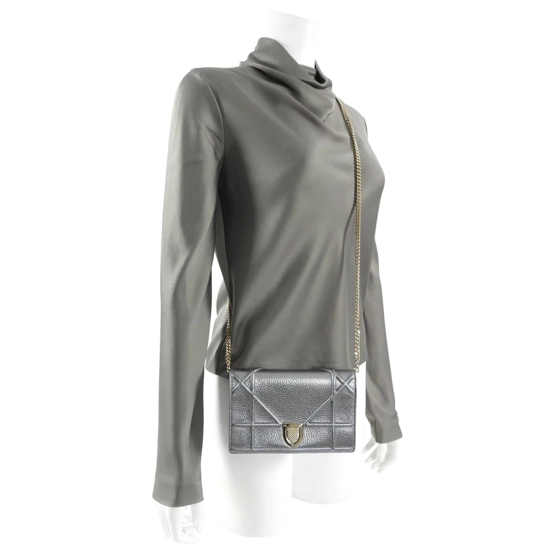Diorama Metallic Grey Silver Calf Crossbody Wallet on Chain Bag