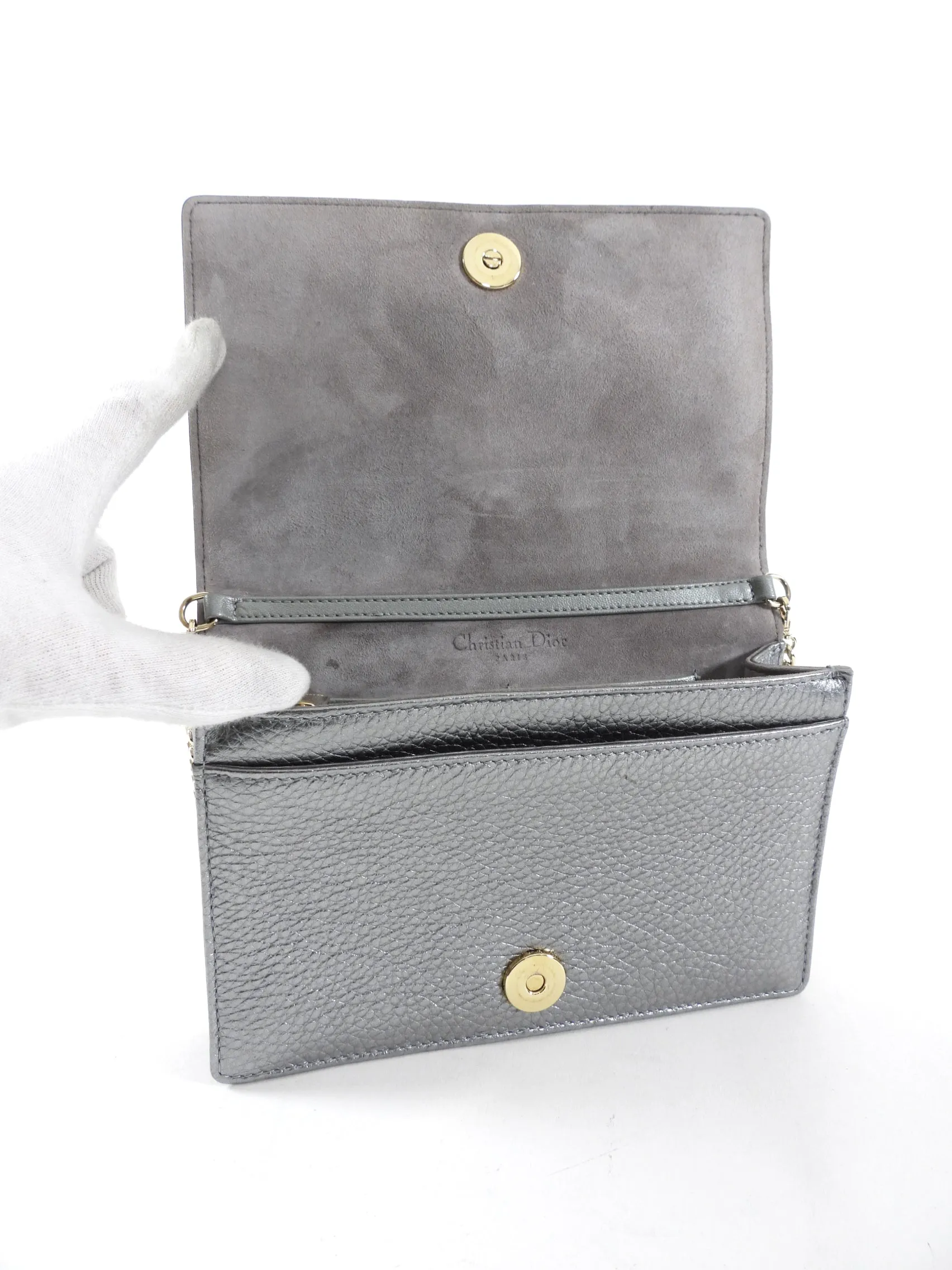 Diorama Metallic Grey Silver Calf Crossbody Wallet on Chain Bag