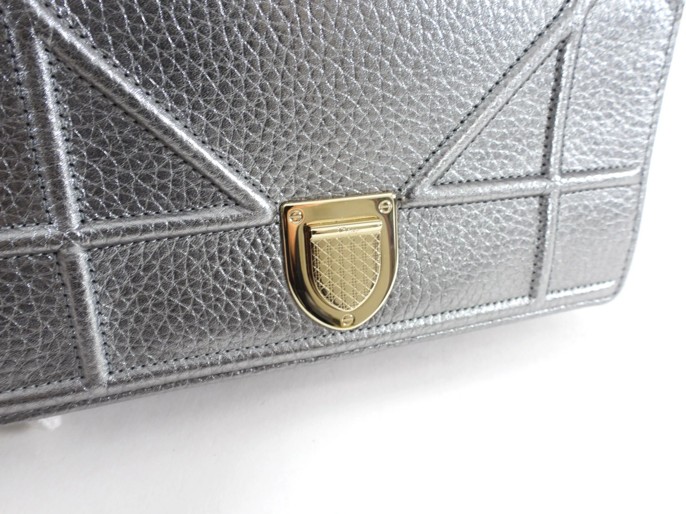 Diorama Metallic Grey Silver Calf Crossbody Wallet on Chain Bag