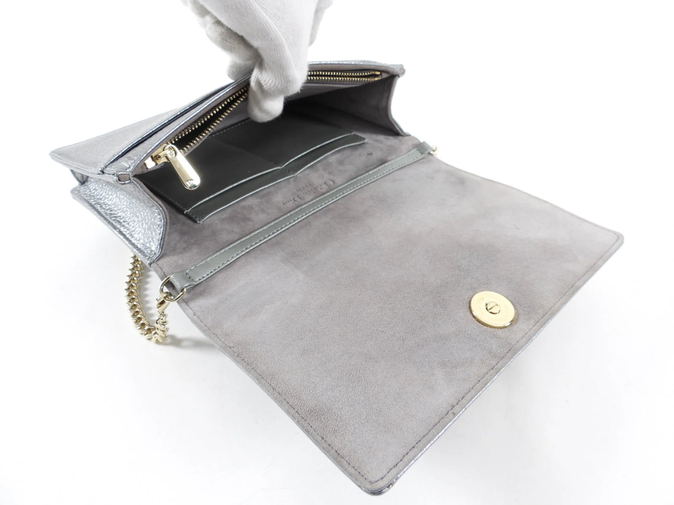 Diorama Metallic Grey Silver Calf Crossbody Wallet on Chain Bag