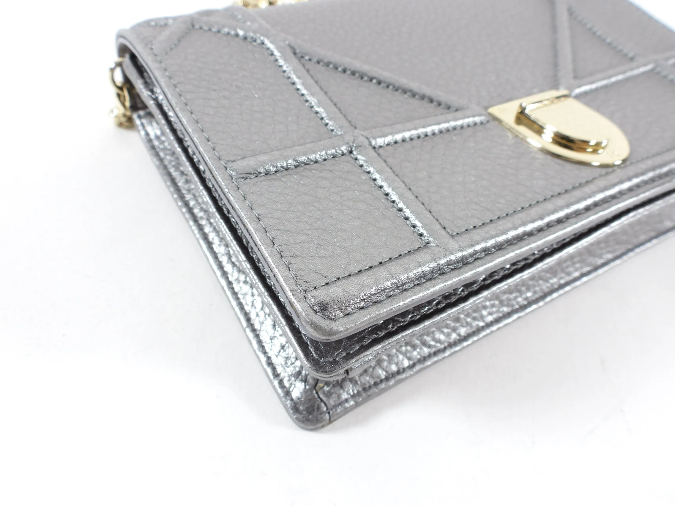 Diorama Metallic Grey Silver Calf Crossbody Wallet on Chain Bag