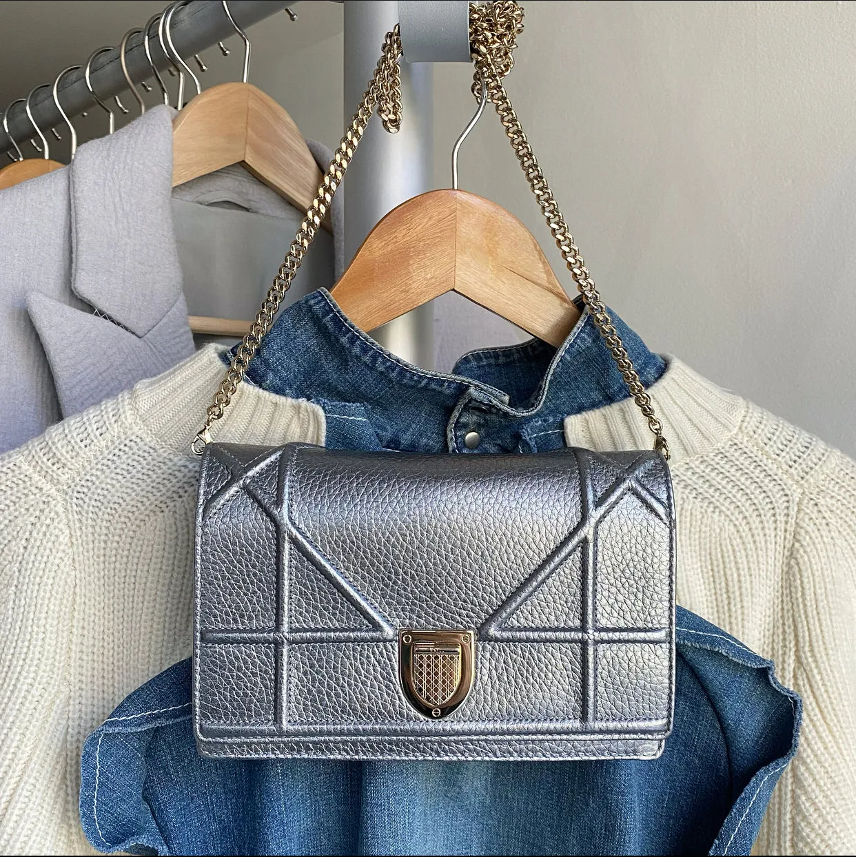 Diorama Metallic Grey Silver Calf Crossbody Wallet on Chain Bag