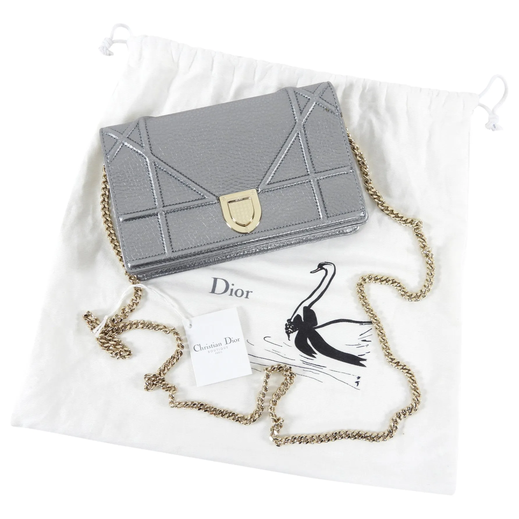 Diorama Metallic Grey Silver Calf Crossbody Wallet on Chain Bag