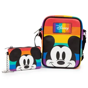 Disney Bag and Wallet Combo, Mickey Mouse Pride Happy Face Close Up, Rainbow Stripe, Vegan Leather