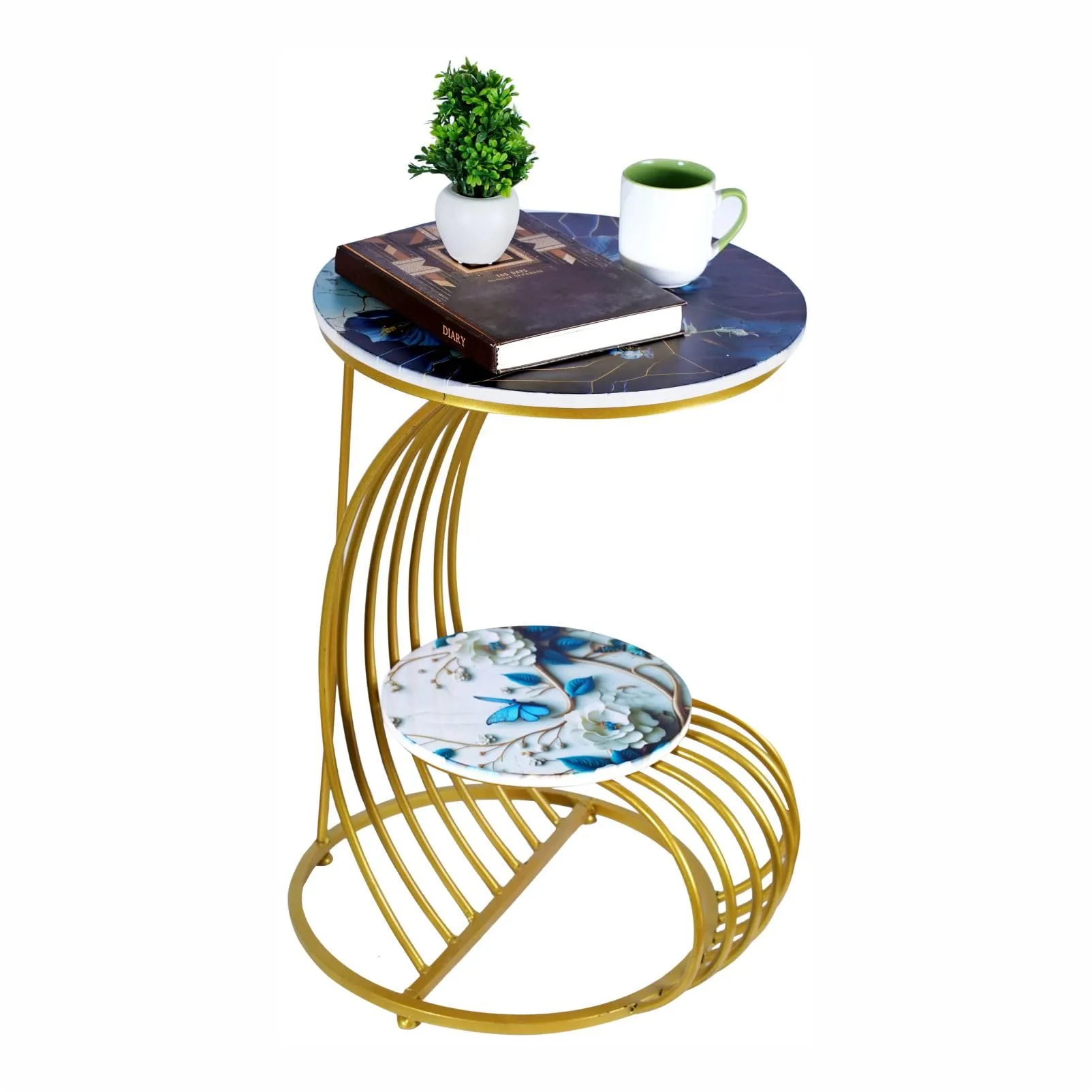EDIDEUENICA Home Living Decor Coffee Table: Elegant Floral Coffee Table Simple Modern Bedside Cabinet Small Round Table MDF Top Metal Table Living Room Sofa-Golden/Printed