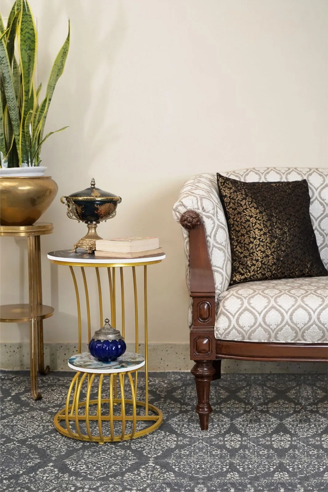 EDIDEUENICA Home Living Decor Coffee Table: Elegant Floral Coffee Table Simple Modern Bedside Cabinet Small Round Table MDF Top Metal Table Living Room Sofa-Golden/Printed