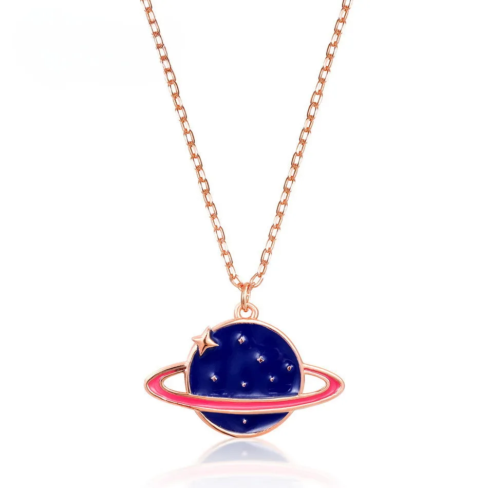 Enamel Blue Planet Pendant Sterling Silver Necklace