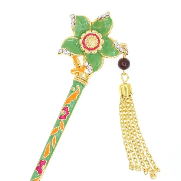 Enamel Cloisonne Floral Hair Stick with Rhinestones and Tassels
