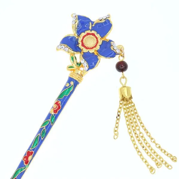 Enamel Cloisonne Floral Hair Stick with Rhinestones and Tassels