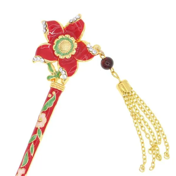 Enamel Cloisonne Floral Hair Stick with Rhinestones and Tassels