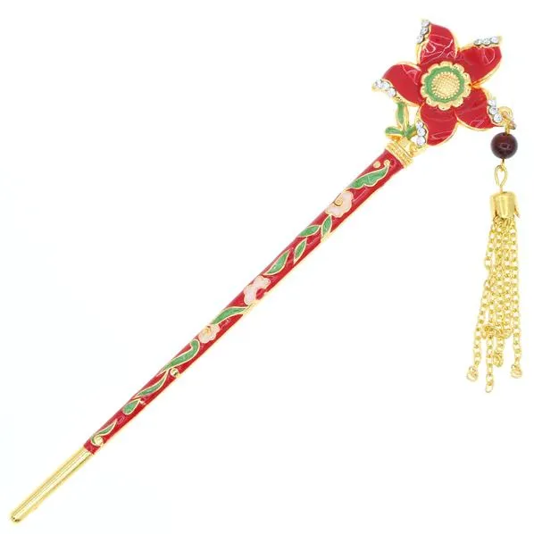 Enamel Cloisonne Floral Hair Stick with Rhinestones and Tassels