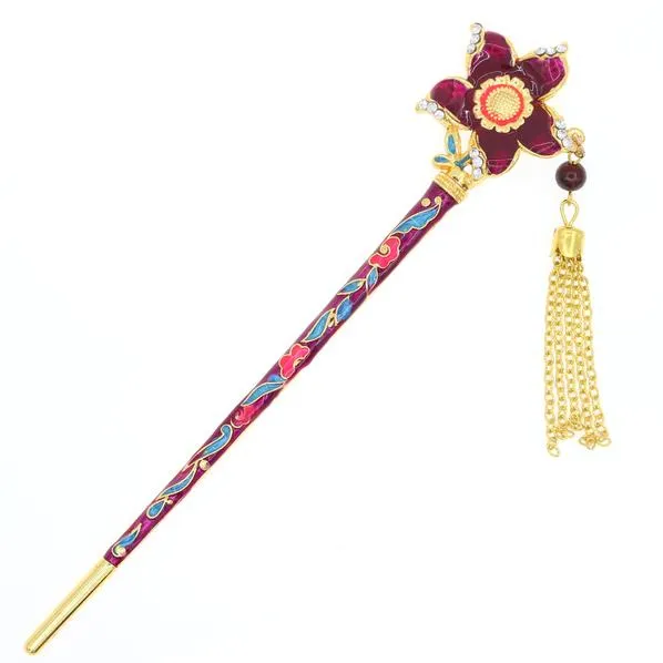 Enamel Cloisonne Floral Hair Stick with Rhinestones and Tassels