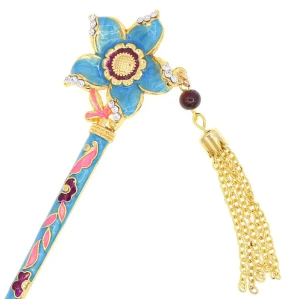Enamel Cloisonne Floral Hair Stick with Rhinestones and Tassels